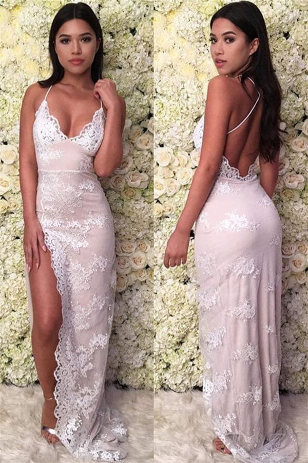 Glamorous Lace Split Backless Prom Gown with Deep V-Neck and Spaghetti Straps