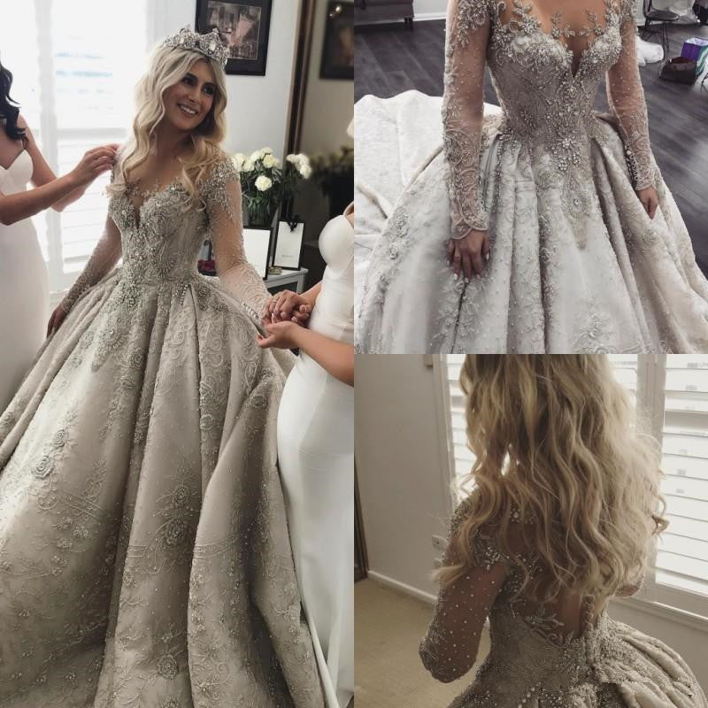 
                      
                        Glamorous Long Sleeve Ball Gown Wedding Dress | Crystal Appliques Bridal Gowns
                      
                    