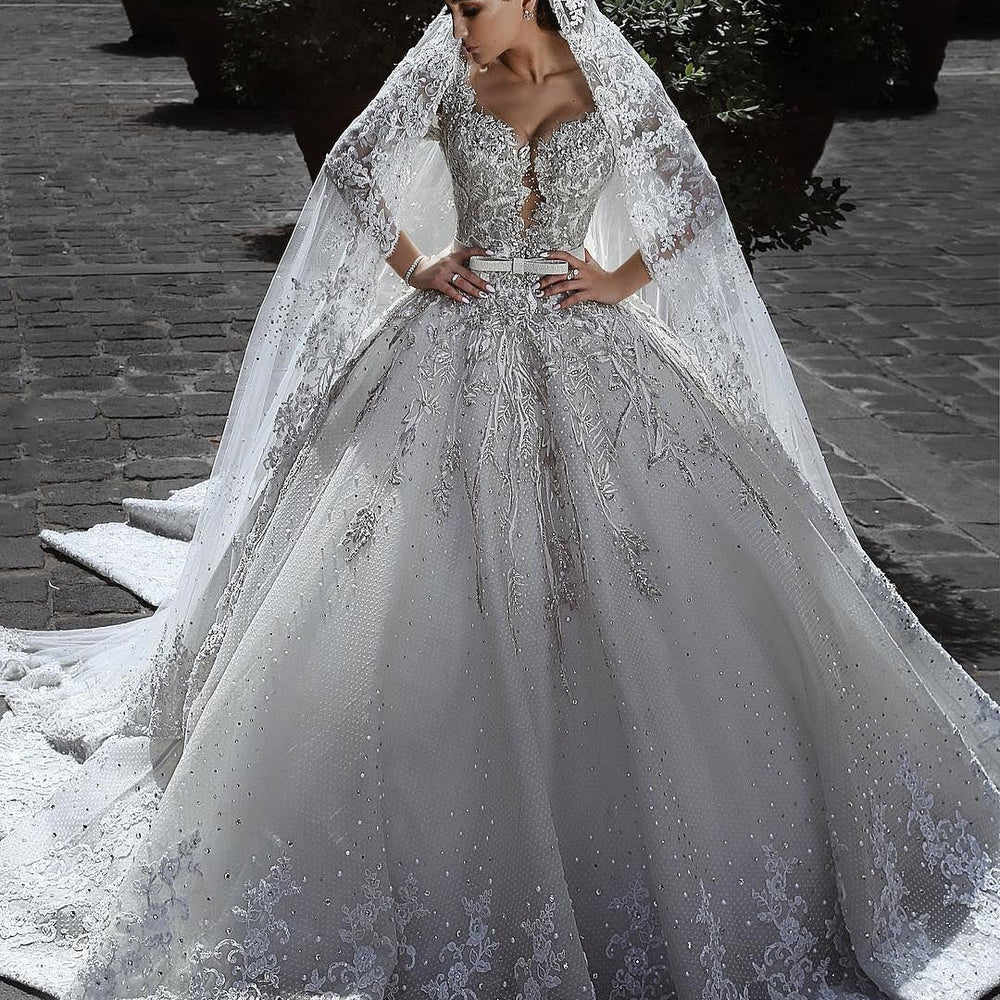 
                      
                        Glamorous Long Sleeve Ball Gown Wedding Dress | Lace Appliques Bridal Gowns On Sale
                      
                    