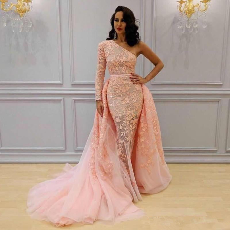 
                      
                        Glamorous Long Sleeve Lace Evening Dresses | One Shoulder Mermaid Prom Dress Overskirt
                      
                    