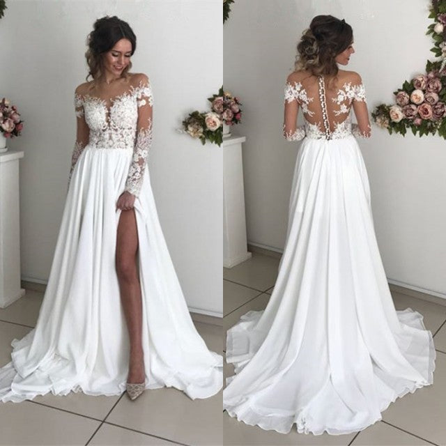 
                      
                        Glamorous Long Sleeve Lace Wedding Dresses | Chiffon Bridal Gowns With Slit BC0012
                      
                    