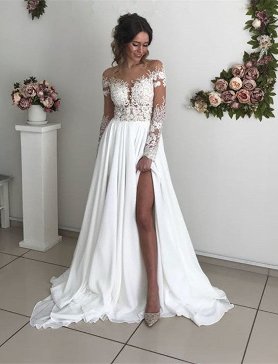 
                      
                        Glamorous Long Sleeve Lace Wedding Dresses | Chiffon Bridal Gowns With Slit BC0012
                      
                    