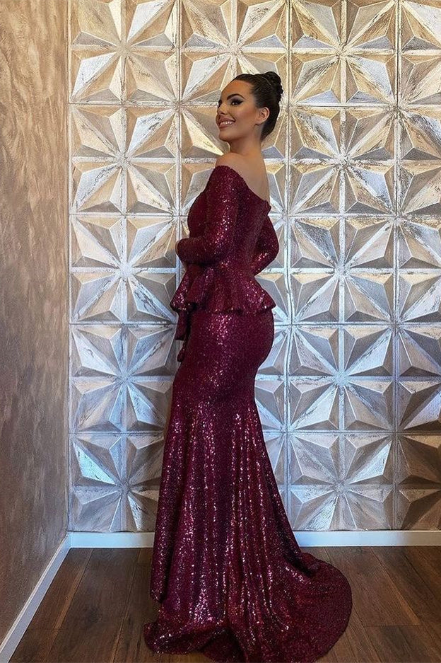 
                      
                        Glamorous Merlot Sequined Mermaid Gown with Elegant Long Sleeves and Daring Leg Slit
                      
                    