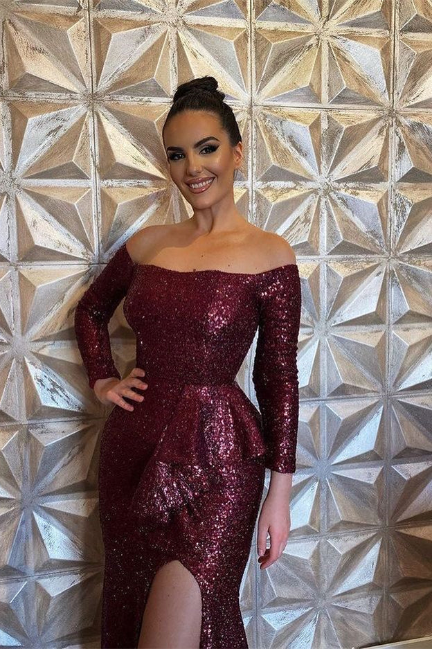 
                      
                        Glamorous Merlot Sequined Mermaid Gown with Elegant Long Sleeves and Daring Leg Slit
                      
                    