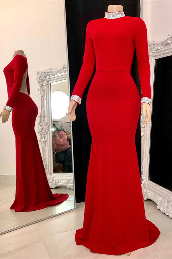 Glamorous Mermaid Red Prom Gown with Long Sleeves and Open Back