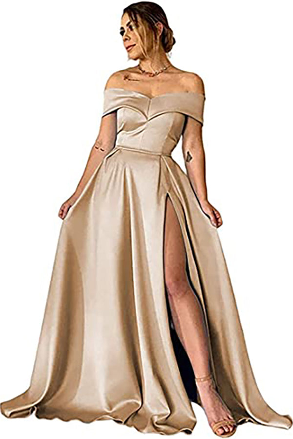 
                      
                        Glamorous Off-the-Shoulder Prom Gown with Elegant Split Hem
                      
                    