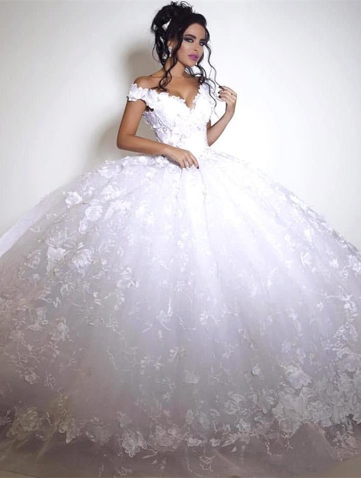 Glamorous Off-the-shoulder Wedding Dress Ball Gown tulle Appliques White