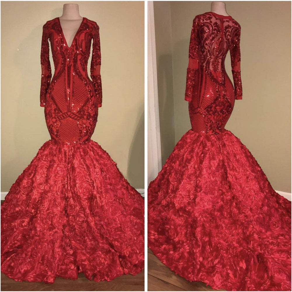 
                      
                        Glamorous Red Long Sleeve Sequins Prom Dress | Mermaid Bottom Flowers Evening Gowns BC1636
                      
                    