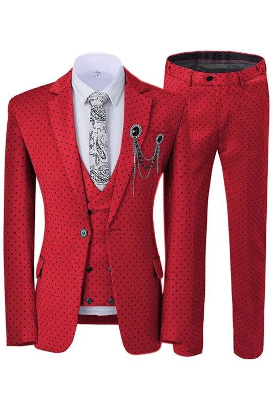 Ingram Glamorous Red Notched Lapel Three Pieces Prom Suits With Black Dot