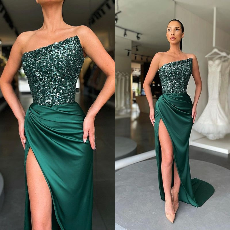 
                      
                        Glamorous Sequined Gown with Daring Split
                      
                    