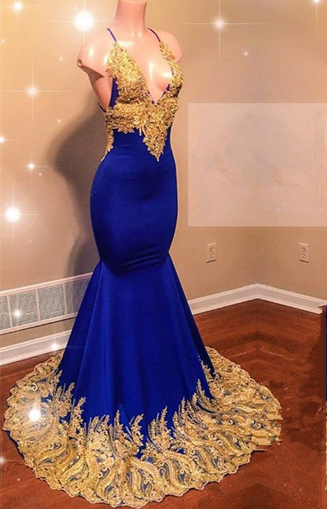 Glamorous V-Neck Royal Blue Prom Dress | Mermaid Evening Gowns With Gold Appliques BC0622