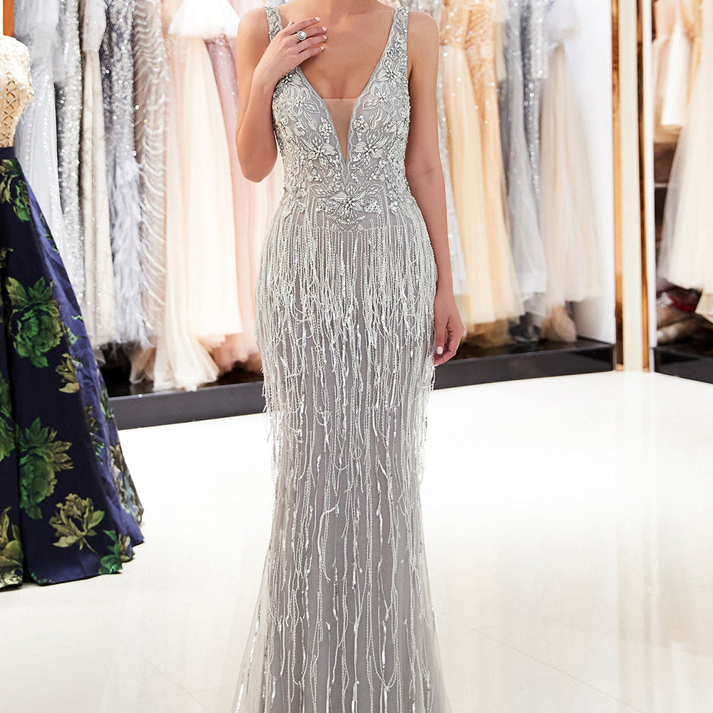 Glamorous V-Neck Sleeveless Mermaid Prom Dresses | Long Sequins Evening Gown With Tassels