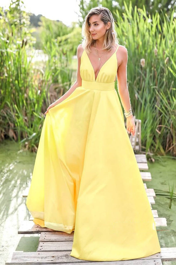 
                      
                        Glamorous V Neck Straps Yellow Satin Prom Dress
                      
                    