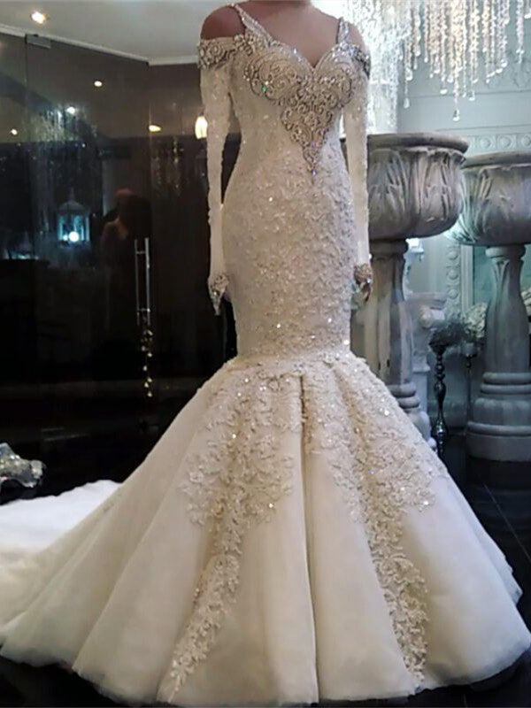Glamorous White Lace Mermaid Beads Wedding Dress
