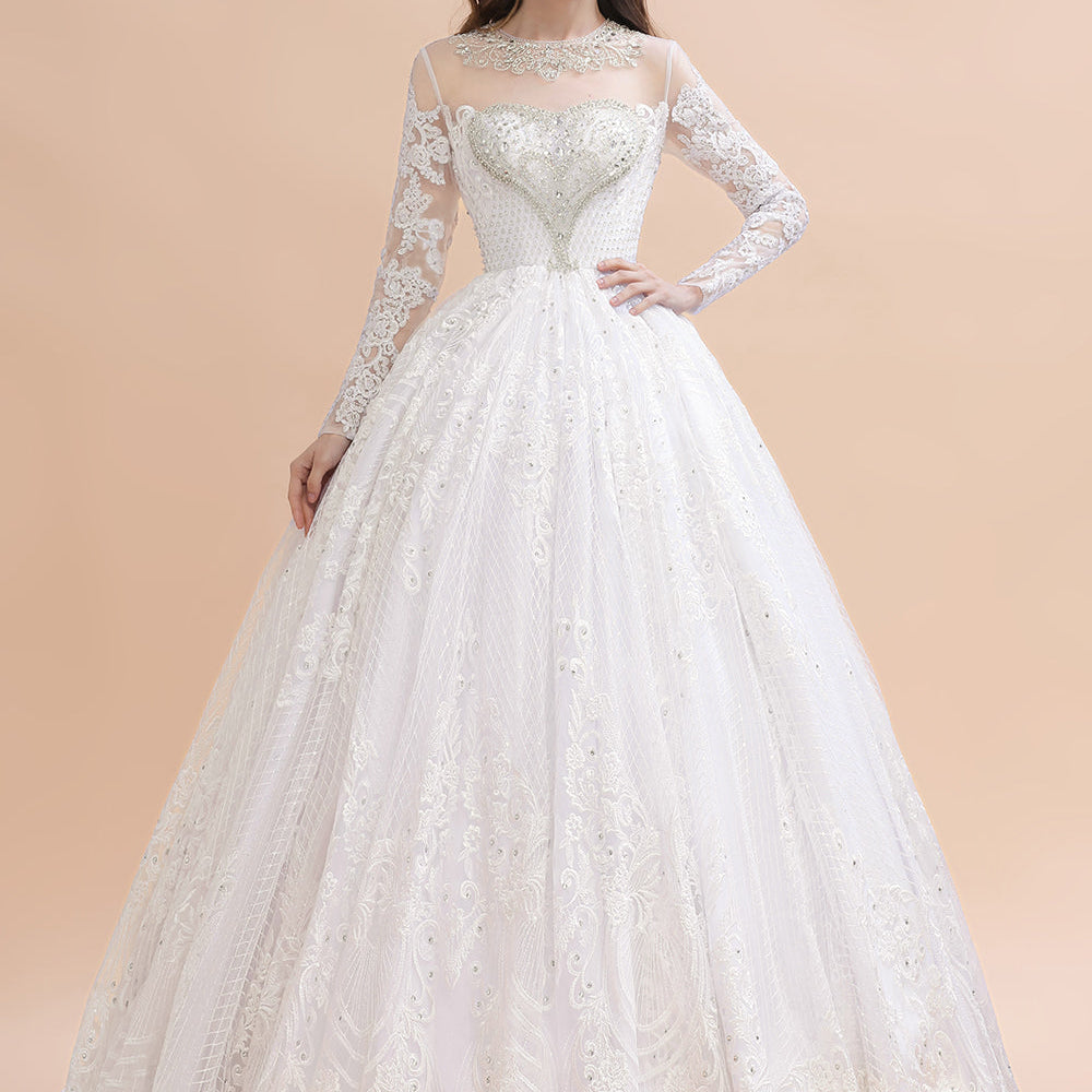 Glamous Ivory Long Sleeve Lace Appliques A-line Wedding Dress