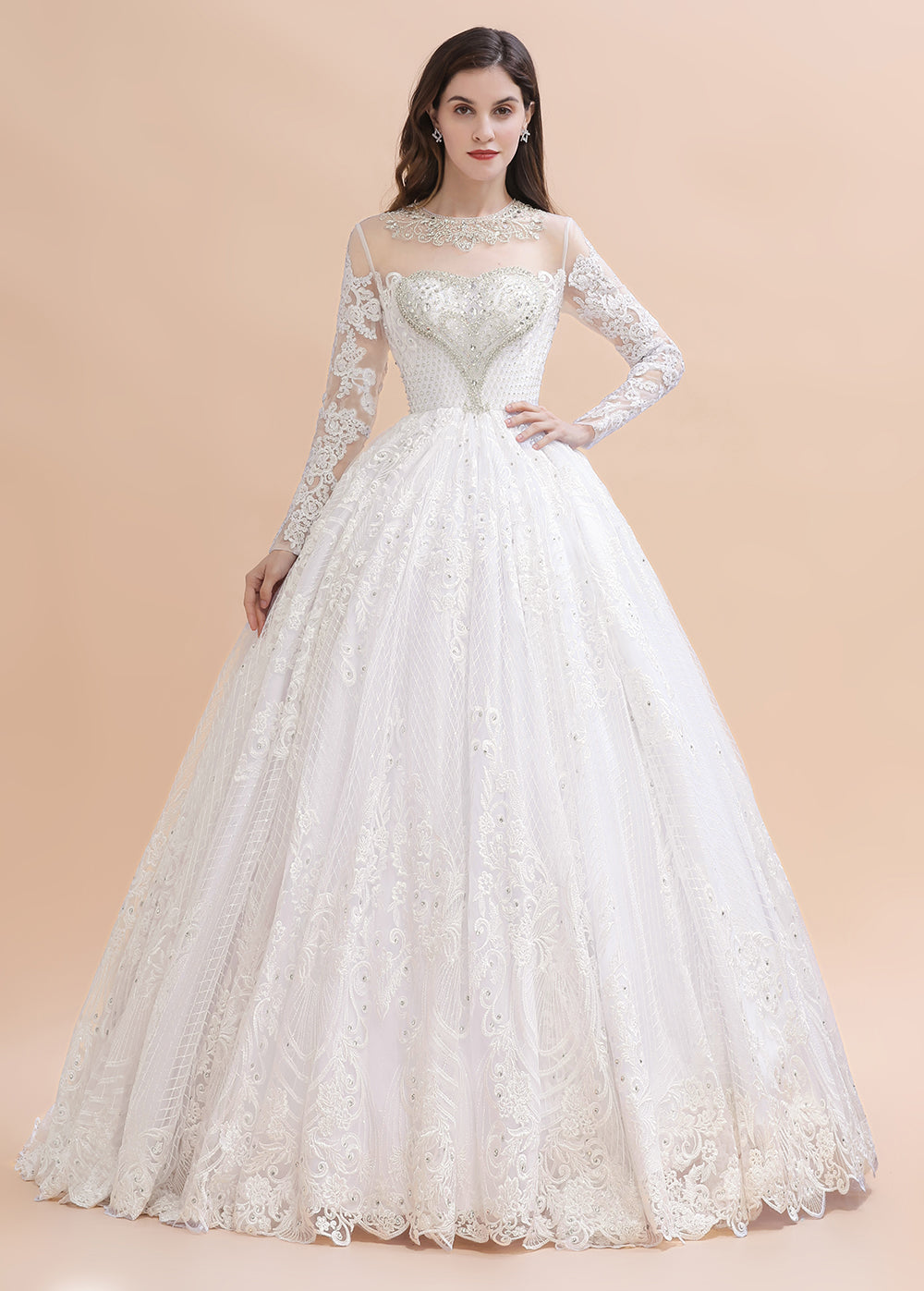 Glamous Ivory Long Sleeve Lace Appliques A-line Wedding Dress