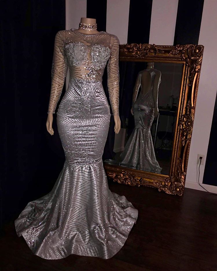 
                      
                        Glittering Long Sleeve Silver Prom Dress | Mermaid Sequins Long Evening Gowns BC1468
                      
                    