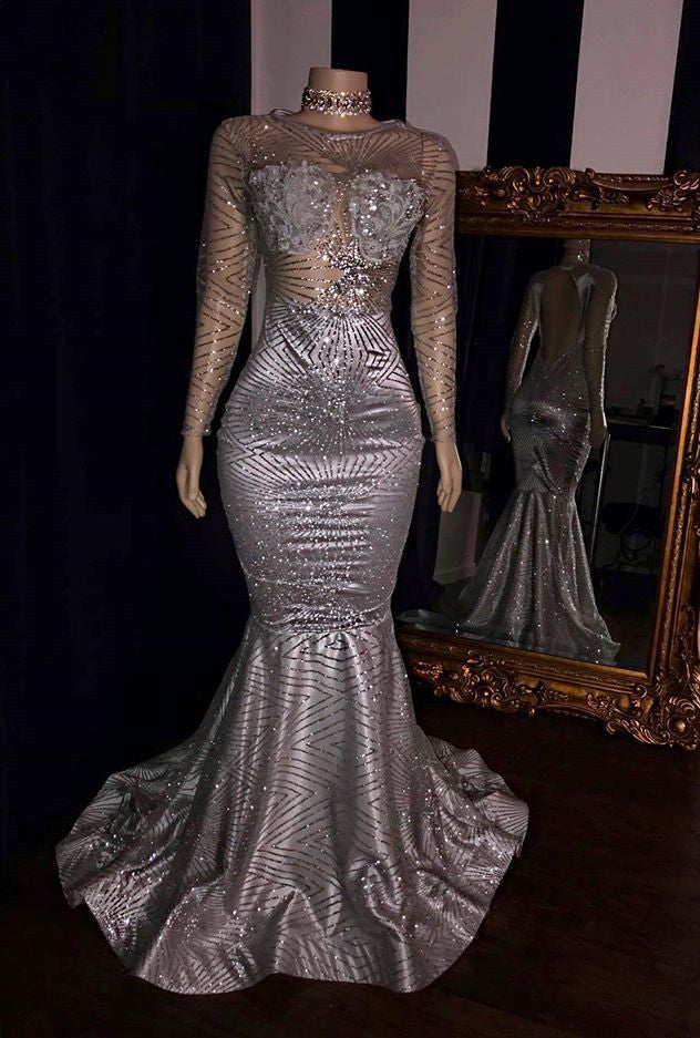 
                      
                        Glittering Long Sleeve Silver Prom Dress | Mermaid Sequins Long Evening Gowns BC1468
                      
                    