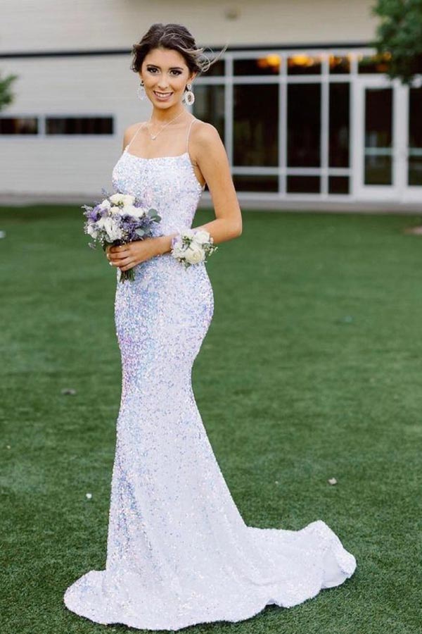 Glittering Spaghetti Straps Mermaid  Sequins Long Prom Dress