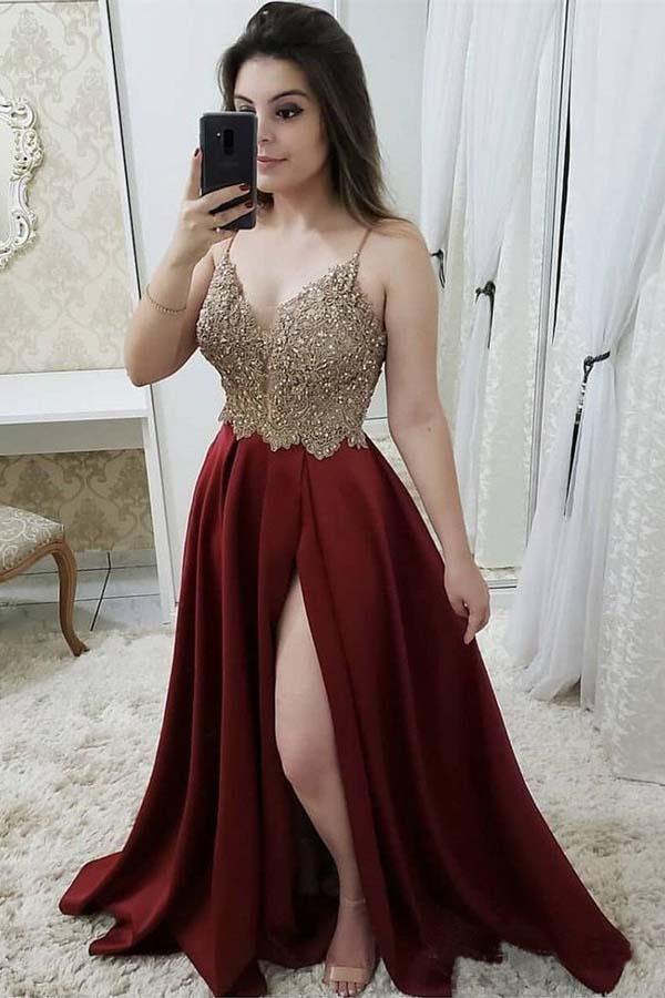 
                      
                        Gold Lace Top Satin Prom Dress Split Beaded Evening Dress
                      
                    