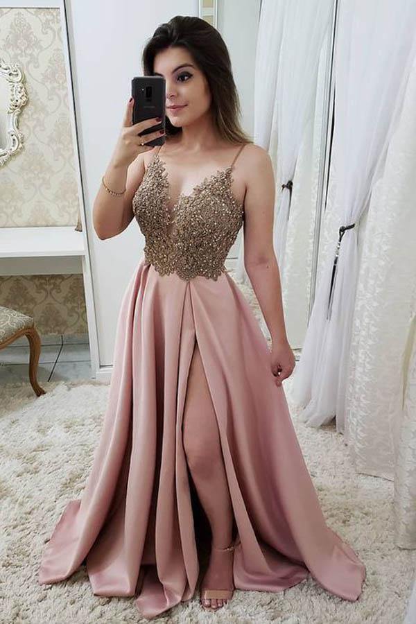 
                      
                        Gold Lace Top Satin Prom Dress Split Beaded Evening Dress
                      
                    