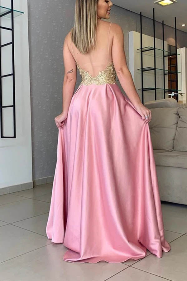 
                      
                        Gold Lace Top Satin Prom Dress Split Beaded Evening Dress
                      
                    