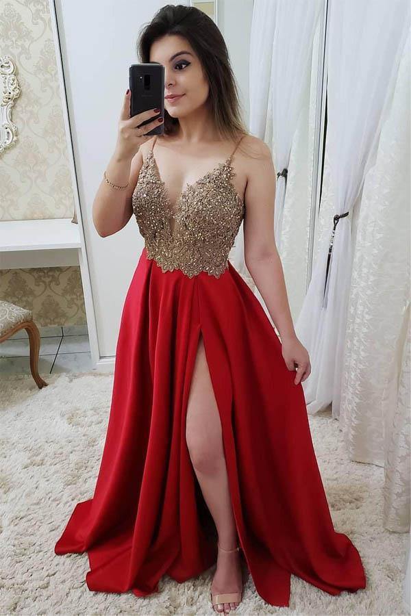 Gold Lace Top Satin Prom Dress Split Beaded Evening Dress