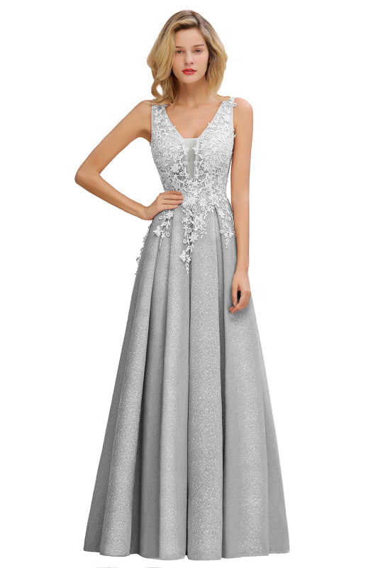 
                      
                        Gorgeous Aline Evening Dress Sleeveless Lace Appliques Bridesmaid Dress - Silver / US 2 - Prom Dresses
                      
                    