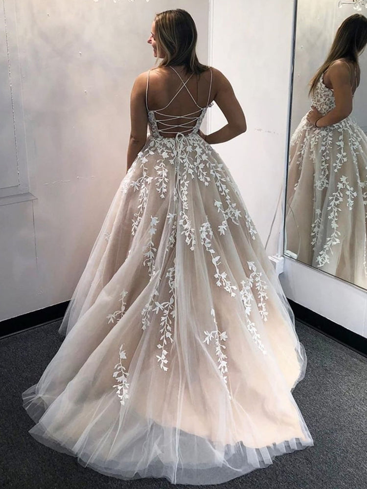 
                      
                        Gorgeous Backless Champagne Lace Long Prom Dresses with Appliques, Champagne Lace Formal Evening Dresses
                      
                    