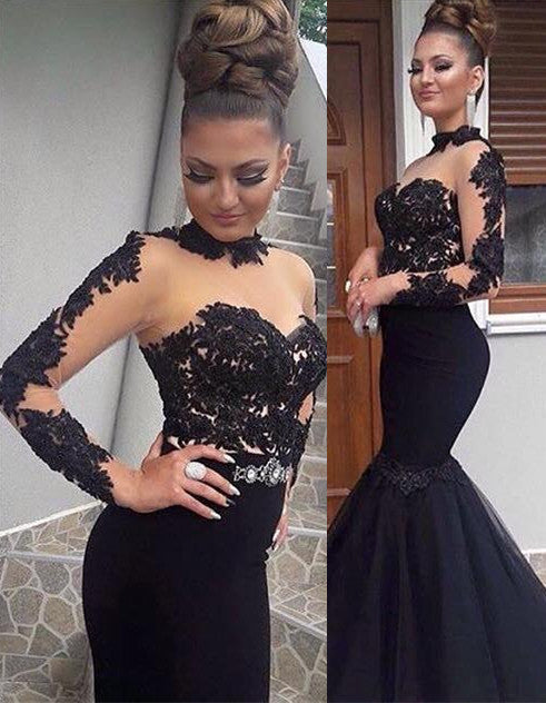 Gorgeous Black Lace Prom Dress Long Sleeve Mermaid Long Party Dress BA8045