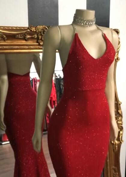 
                      
                        Gorgeous Glitter Sequins Prom Dresses | Mermaid Halter Red Evening Gowns BC1085
                      
                    