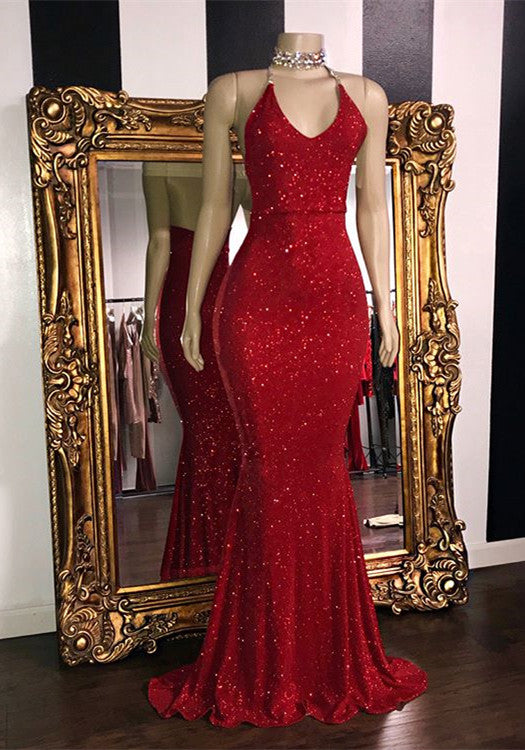 
                      
                        Gorgeous Glitter Sequins Prom Dresses | Mermaid Halter Red Evening Gowns BC1085
                      
                    