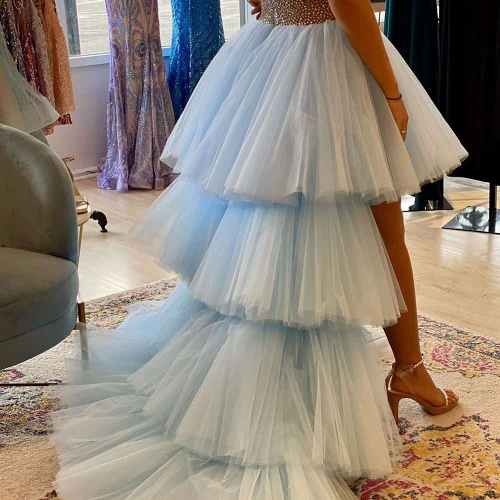 
                      
                        Gorgeous High Low V Neck Beaded Blue Tulle Long Prom Dresses with Train, High Low Blue Formal Dresses, Beaded Blue Evening Dresses 
                      
                    