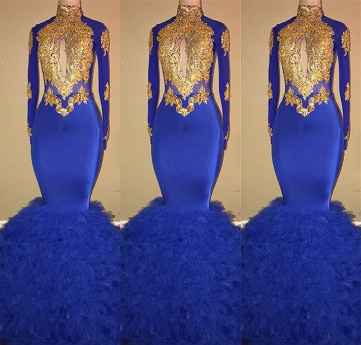 
                      
                        Gorgeous High-Neck Long Sleeve Prom Dresses | Mermaid Royal Blue Evening Gowns BC0854
                      
                    