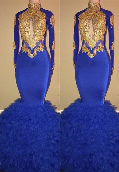 
                      
                        Gorgeous High-Neck Long Sleeve Prom Dresses | Mermaid Royal Blue Evening Gowns BC0854
                      
                    