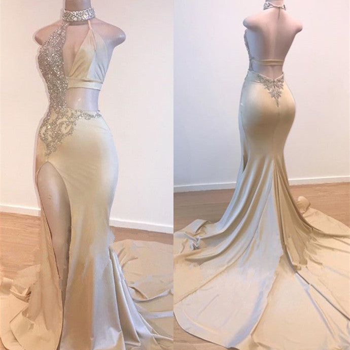 
                      
                        Gorgeous High-Neck V-Neck Mermaid Prom Dress | Long Slit Beadings Evening Gowns
                      
                    