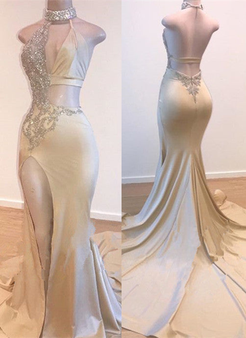 
                      
                        Gorgeous High-Neck V-Neck Mermaid Prom Dress | Long Slit Beadings Evening Gowns
                      
                    