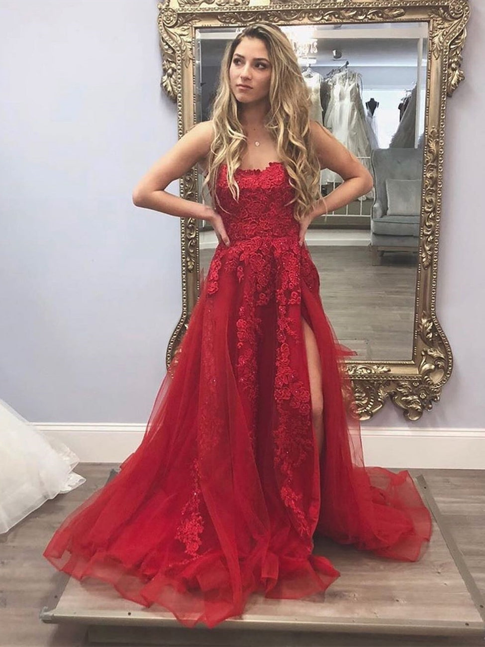 Gorgeous Long Appliques Burgundy Lace Prom Dresses with High Slit, Burgundy Lace Formal Dresses, Burgundy Evening Dresses