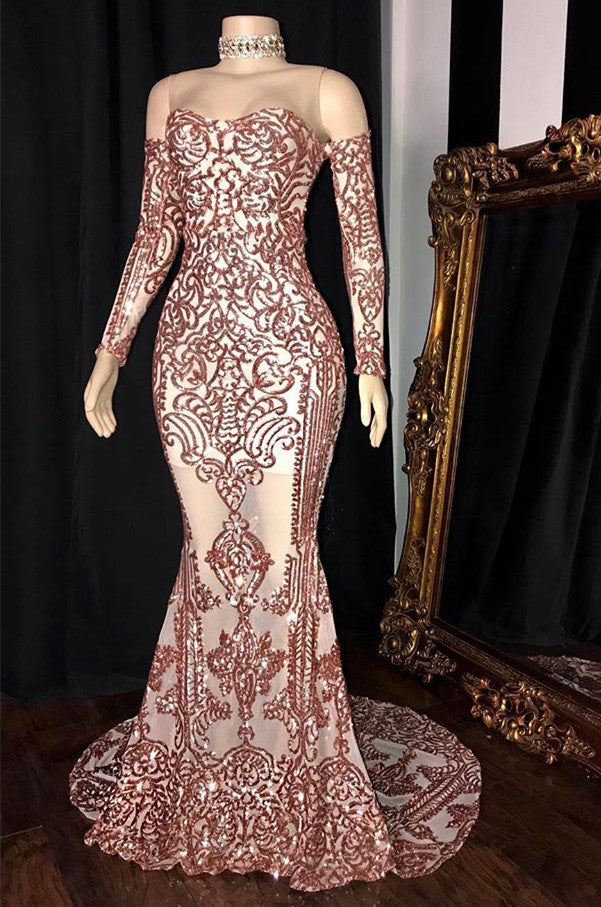 
                      
                        Gorgeous Long Sleeve Rose Pink Prom Dress | Mermaid Long Sequins Evening Party Dress BC1534
                      
                    