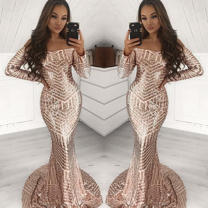 
                      
                        Gorgeous Long Sleeve Sequins Prom Dress | Mermaid Long Evening Gowns
                      
                    