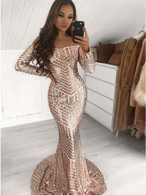 Gorgeous Long Sleeve Sequins Prom Dress | Mermaid Long Evening Gowns