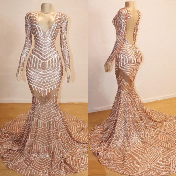 
                      
                        Gorgeous Long Sleeve V-Neck Prom Dresses | Mermaid Sequins Evening Gowns BC0841
                      
                    