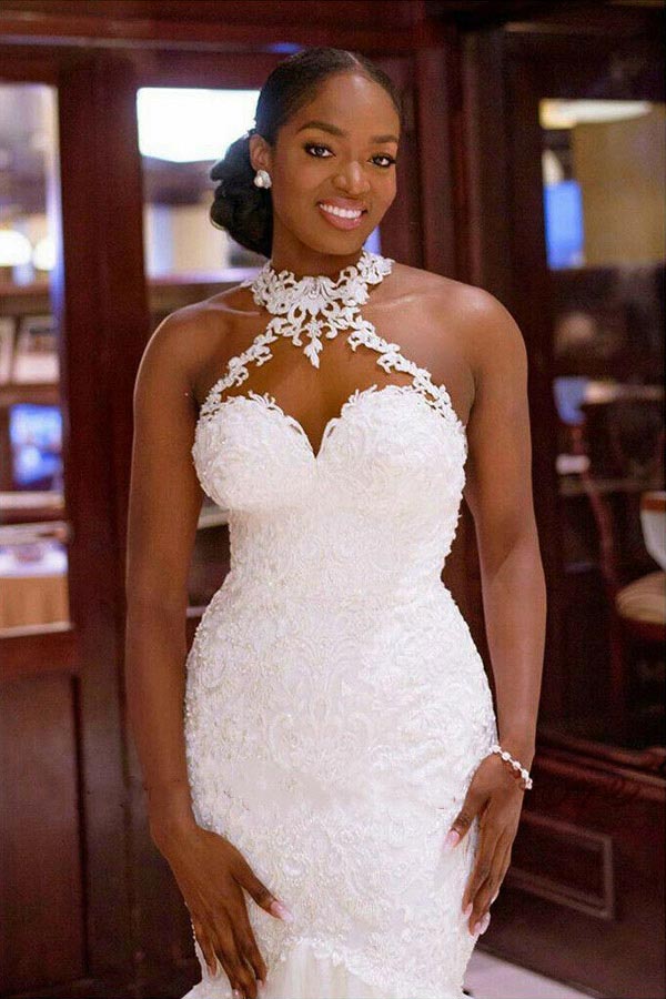 Gorgeous Mermaid Halter White Wedding Dress Beaded Bridal Gown