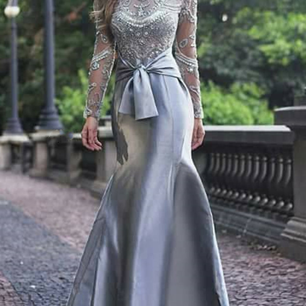 Gorgeous Mermaid Long Sleeves Gray Beaded Long Prom Dresses, Mermaid Gray Formal Dresses, Beaded Gray Evening Dresses 