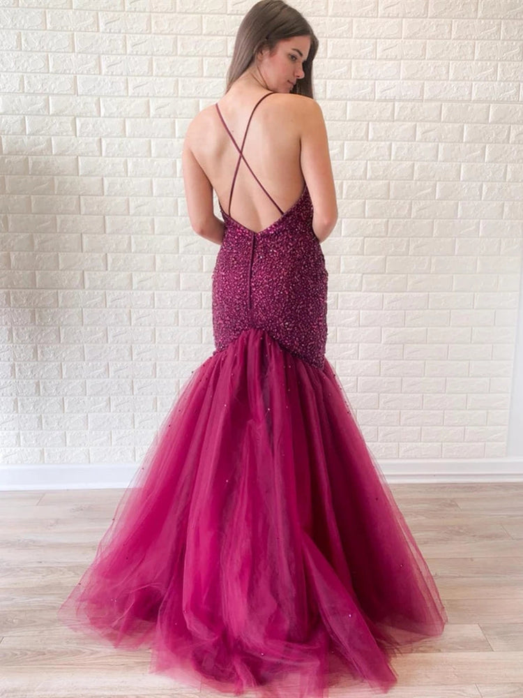 
                      
                        Gorgeous Mermaid V Neck Backless Beaded Purple Prom Dresses, V Neck Mermaid Purple Formal Dresses, Mermaid Purple Evening Dresses
                      
                    