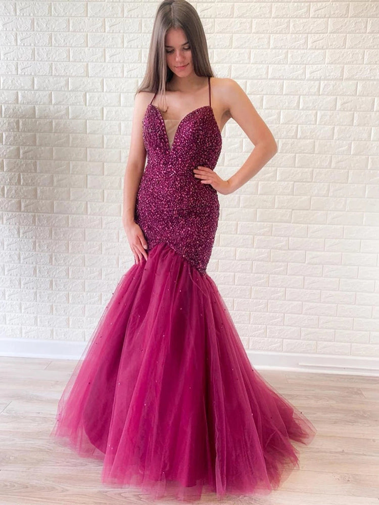 
                      
                        Gorgeous Mermaid V Neck Backless Beaded Purple Prom Dresses, V Neck Mermaid Purple Formal Dresses, Mermaid Purple Evening Dresses
                      
                    