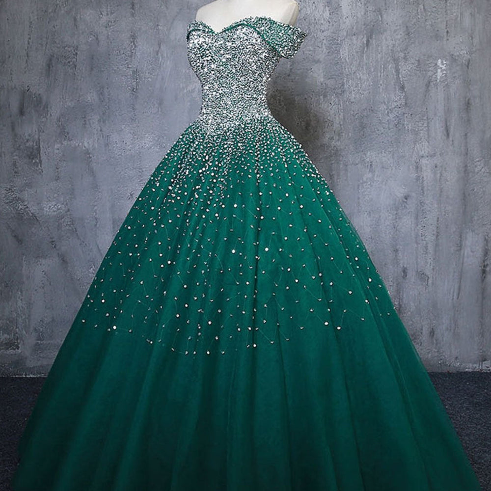 
                      
                        Gorgeous Off Shoulder Beaded Green Tulle Long Prom Dresses, Beaded Green Formal Evening Dresses, Beaded Ball Gown 
                      
                    