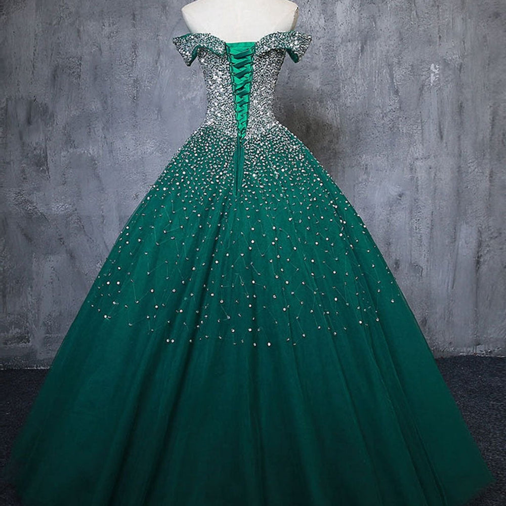 
                      
                        Gorgeous Off Shoulder Beaded Green Tulle Long Prom Dresses, Beaded Green Formal Evening Dresses, Beaded Ball Gown 
                      
                    