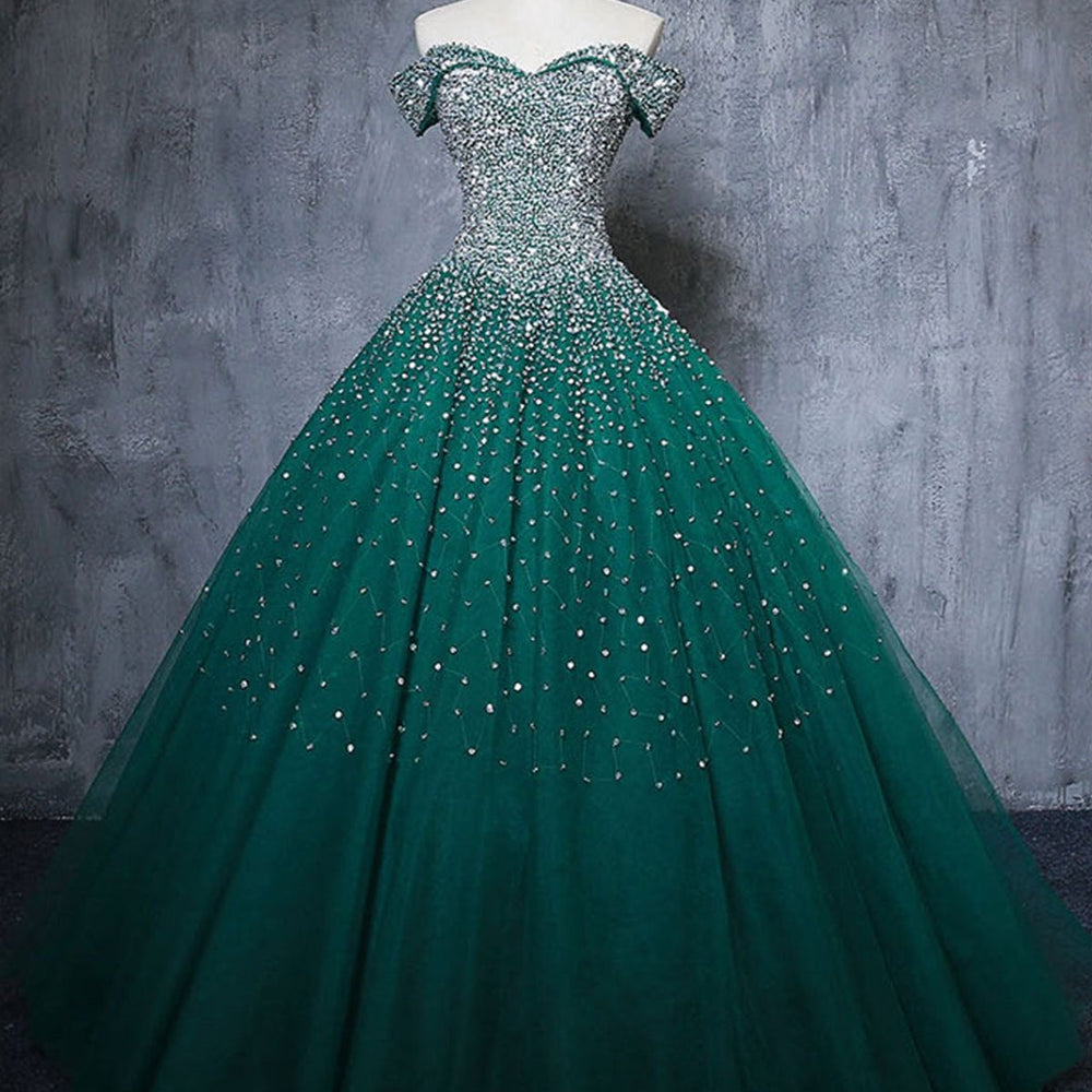 Gorgeous Off Shoulder Beaded Green Tulle Long Prom Dresses, Beaded Green Formal Evening Dresses, Beaded Ball Gown 