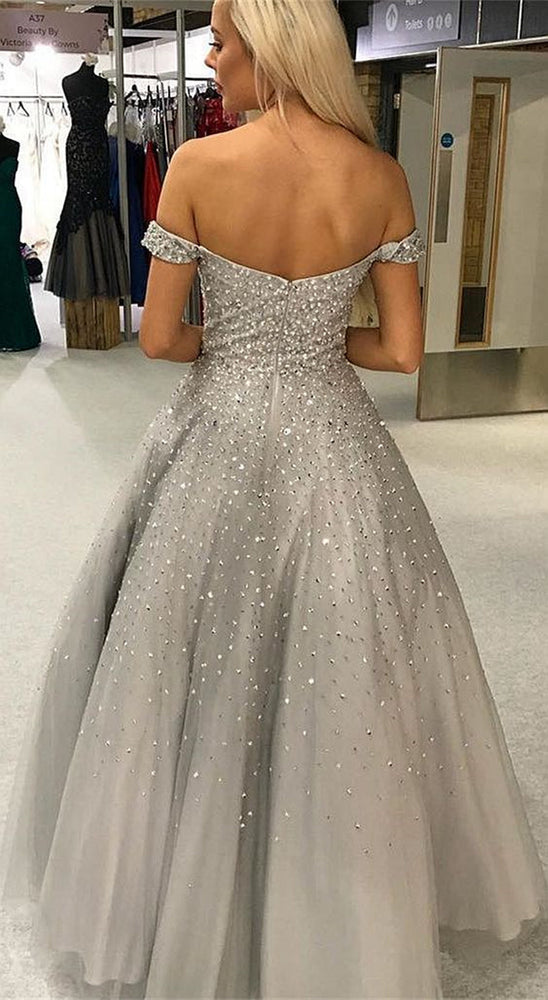 
                      
                        Gorgeous Off Shoulder Silver Grey Sequins Long Prom Dresses, Off Shoulder Grey Formal Evening Dresses
                      
                    